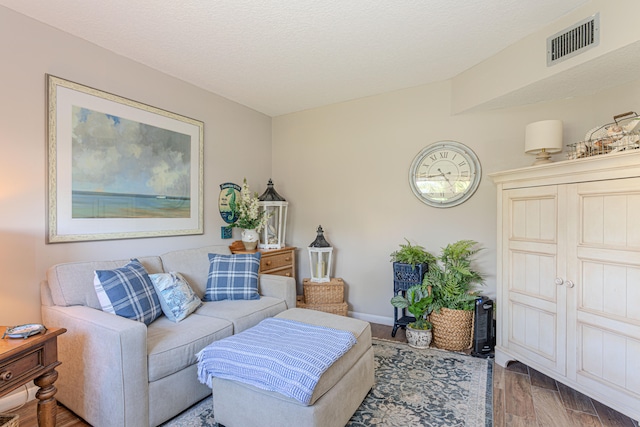 living room featuring hardwood / wood-style floors and a textured ceiling