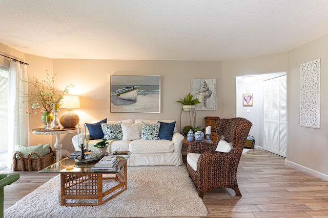 living room with hardwood / wood-style floors and a textured ceiling