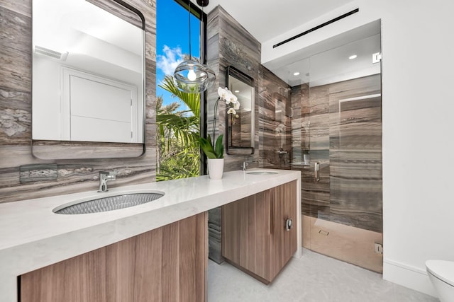 bathroom with vanity, a shower with shower door, and toilet