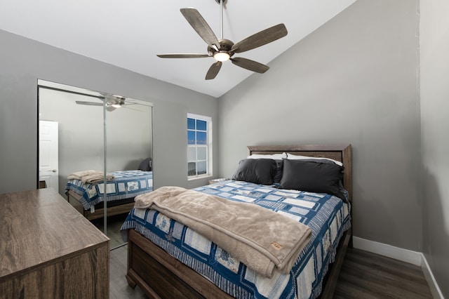 1441 NE 14th Ct Unit 4, Jensen Beach, FL 34957 - bedroom featuring vaulted ceiling, a closet, ceiling fan, wood finished floors, and baseboards