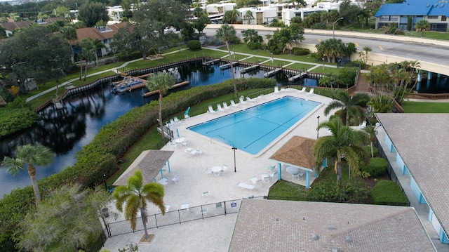 drone / aerial view featuring a water view