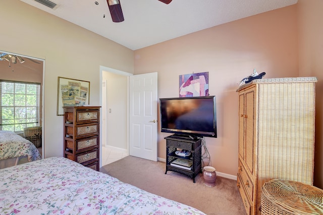 bedroom featuring ceiling fan and carpet floors