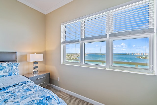 carpeted bedroom with a water view and crown molding