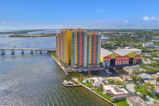 drone / aerial view with a water view