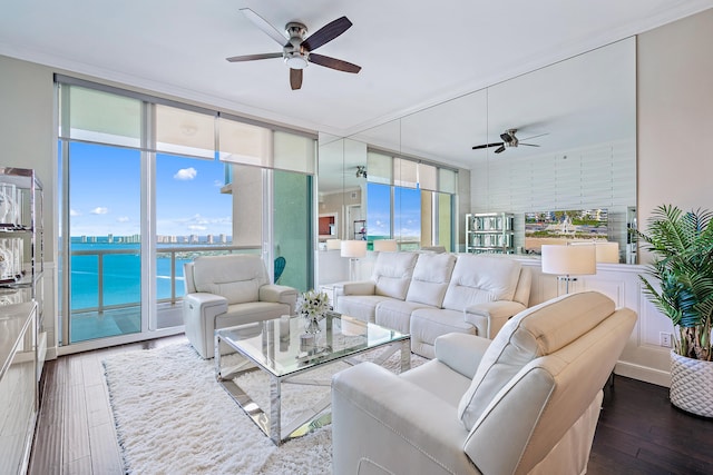 living room featuring ceiling fan, a water view, and dark hardwood / wood-style flooring