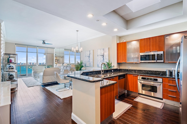 kitchen featuring sink, a water view, kitchen peninsula, appliances with stainless steel finishes, and dark hardwood / wood-style floors