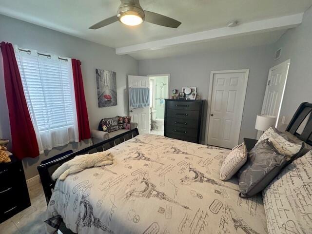 bedroom featuring beamed ceiling, ceiling fan, and ensuite bathroom