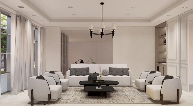 interior space with a chandelier, a tray ceiling, and ornamental molding