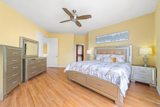 bedroom featuring light hardwood / wood-style floors and ceiling fan