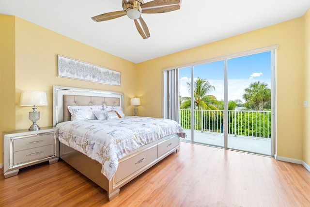 bedroom featuring access to outside, ceiling fan, and light wood-type flooring