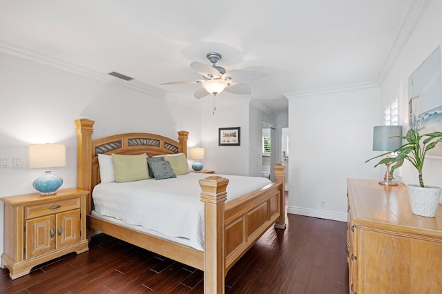 bedroom featuring dark hardwood / wood-style floors, ceiling fan, and multiple windows