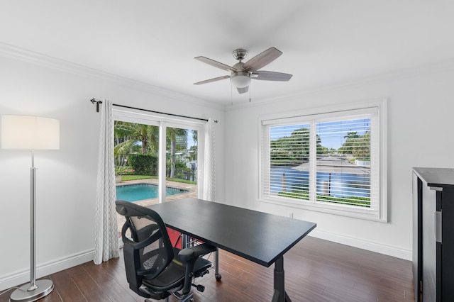 office space with dark hardwood / wood-style floors, a healthy amount of sunlight, ornamental molding, and ceiling fan