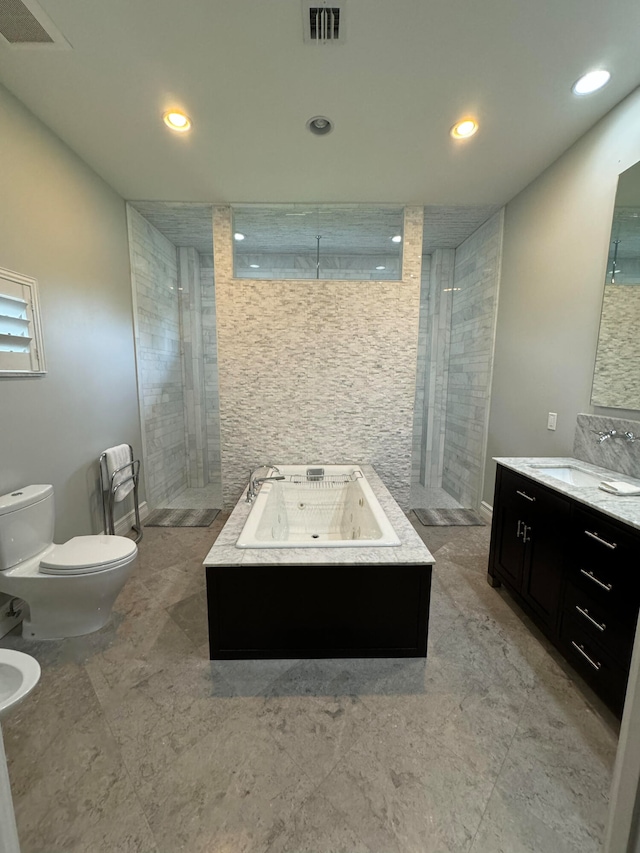 full bathroom with vanity, a bidet, toilet, and plus walk in shower