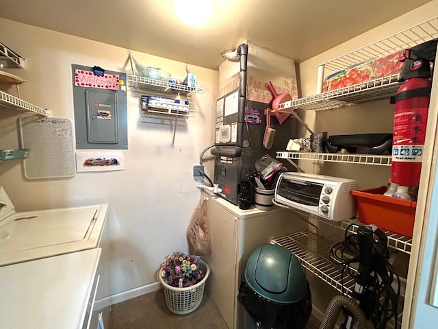 clothes washing area with washer and clothes dryer and electric panel