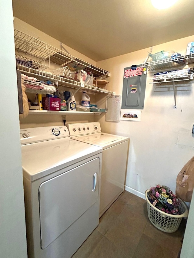 laundry room with electric panel and washer and clothes dryer