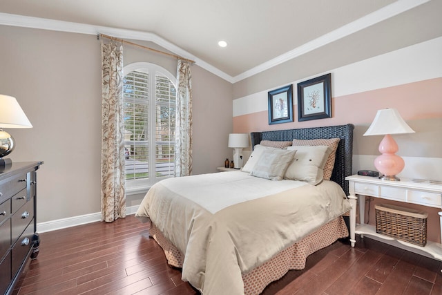 bedroom with dark wood-type flooring and crown molding