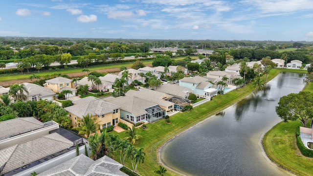 drone / aerial view featuring a water view