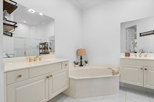 bathroom with independent shower and bath, vanity, tile patterned flooring, and crown molding