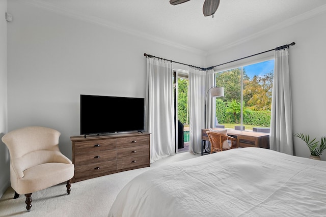 bedroom with ornamental molding, light carpet, and ceiling fan