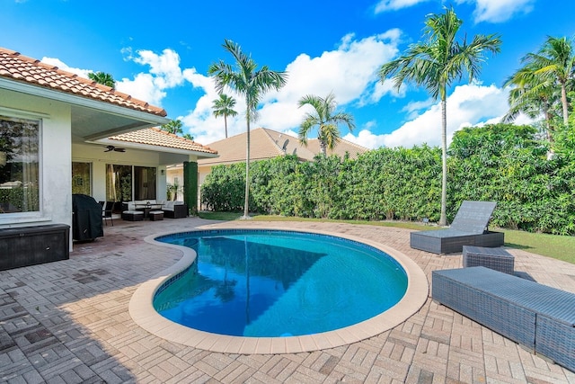 view of swimming pool featuring ceiling fan, an outdoor living space, and a patio area