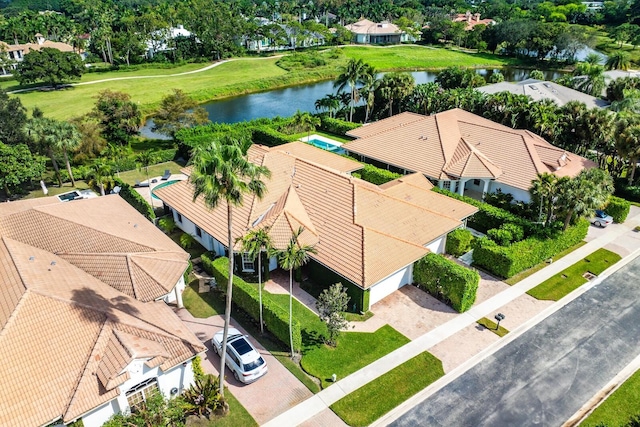 drone / aerial view featuring a water view