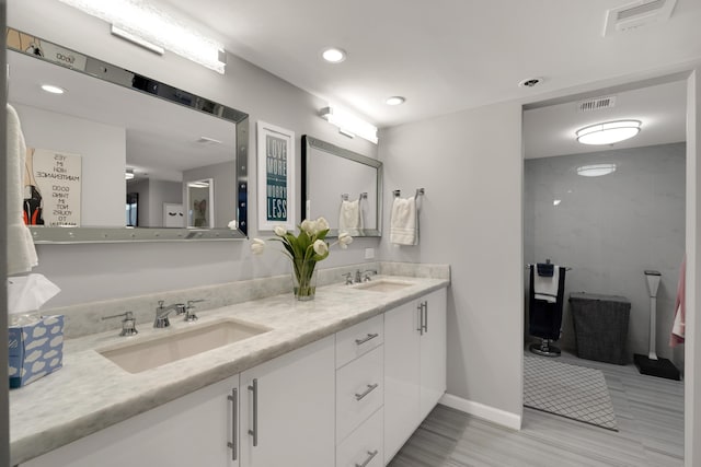 bathroom with wood-type flooring and vanity