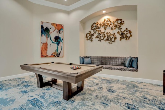 rec room with pool table and ornamental molding