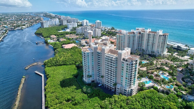 drone / aerial view featuring a water view