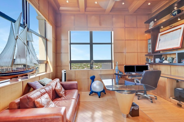 home office with wood walls, hardwood / wood-style flooring, coffered ceiling, beam ceiling, and radiator heating unit