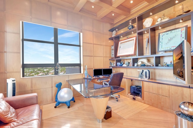 office with beam ceiling, wood walls, and coffered ceiling