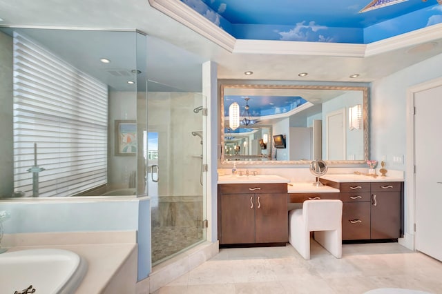 bathroom with independent shower and bath, tile patterned flooring, a tray ceiling, and vanity