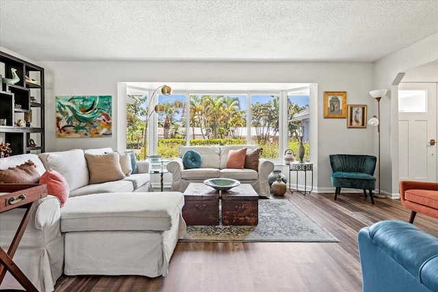 living room featuring wood-type flooring and a textured ceiling