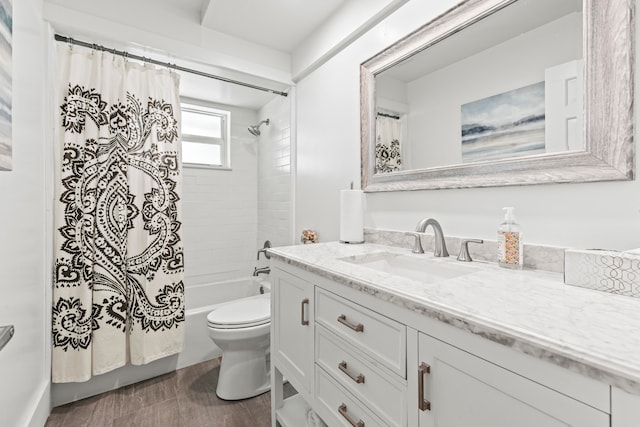 full bathroom with toilet, shower / tub combo, vanity, and hardwood / wood-style flooring