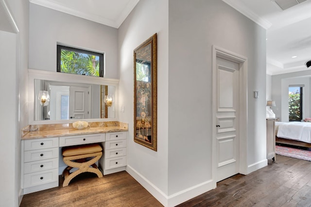 bathroom featuring crown molding, vanity, and wood-type flooring