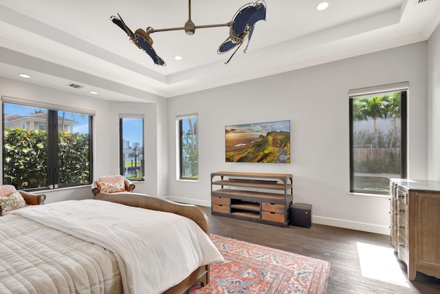 bedroom featuring dark hardwood / wood-style flooring and a raised ceiling