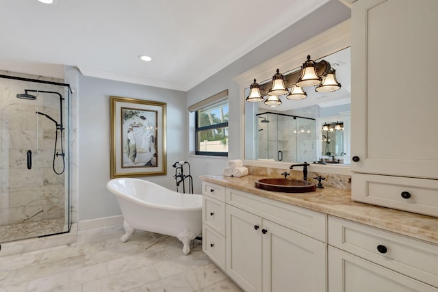 bathroom with crown molding, vanity, and independent shower and bath