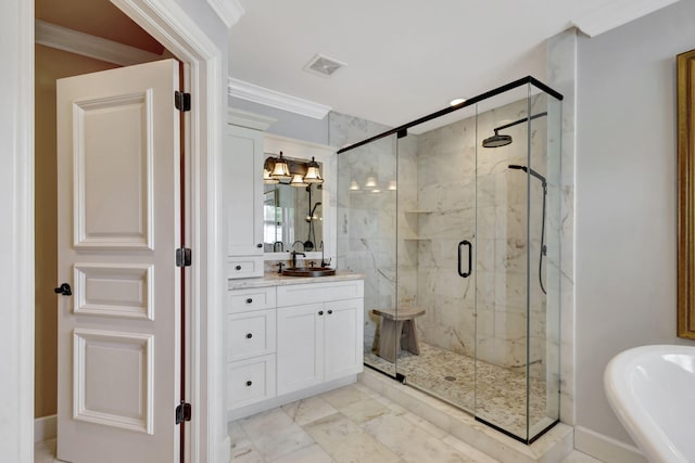 bathroom featuring vanity, shower with separate bathtub, and ornamental molding