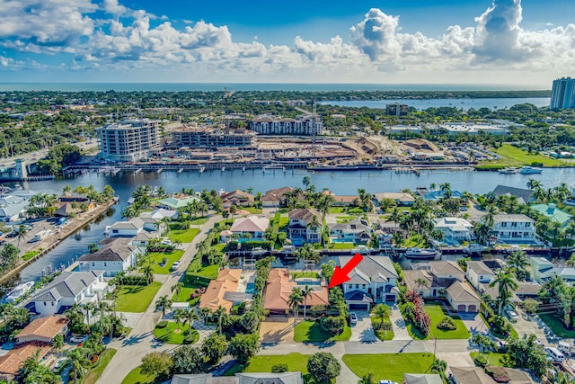 aerial view featuring a water view