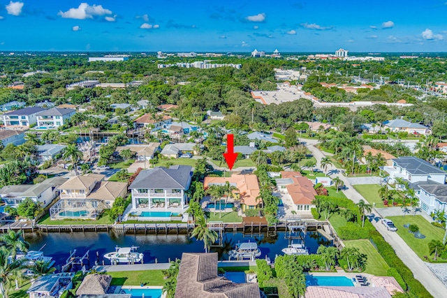 aerial view featuring a water view