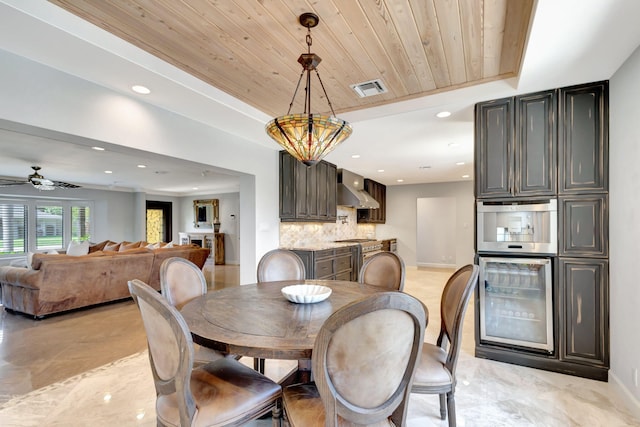 dining space with ceiling fan, wooden ceiling, and a tray ceiling