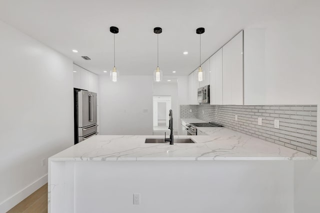 kitchen with tasteful backsplash, stainless steel appliances, sink, white cabinets, and kitchen peninsula