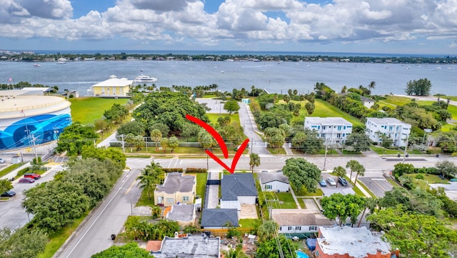 aerial view featuring a water view