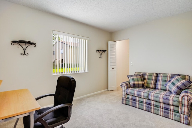 office area with a textured ceiling and light colored carpet