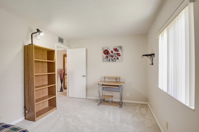 miscellaneous room featuring a textured ceiling and light carpet