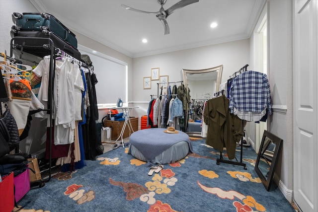 walk in closet with ceiling fan and carpet floors