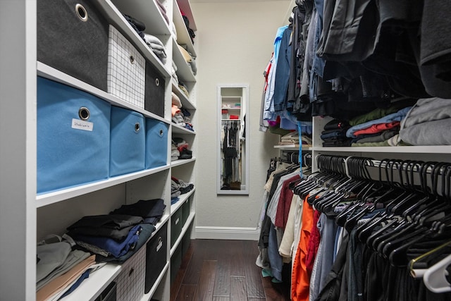 spacious closet with dark hardwood / wood-style flooring