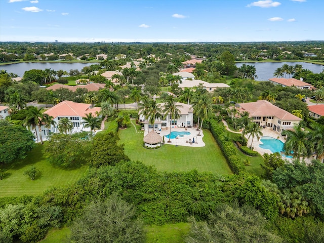 drone / aerial view featuring a water view