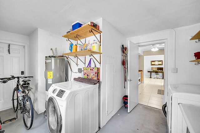 laundry room featuring water heater, ceiling fan, and washing machine and clothes dryer