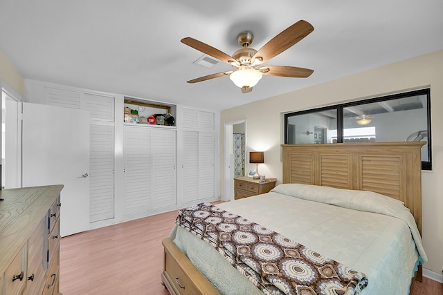 bedroom featuring a closet, light wood-type flooring, and ceiling fan