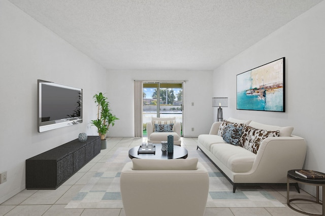 living room with a textured ceiling and light tile patterned flooring